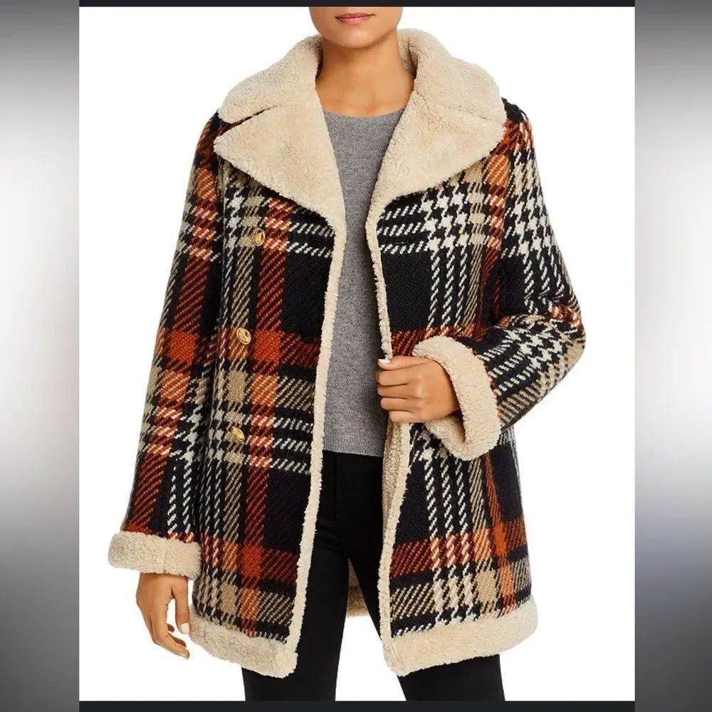 Tory Burch Plaid Shearling Blanket Madras Coat